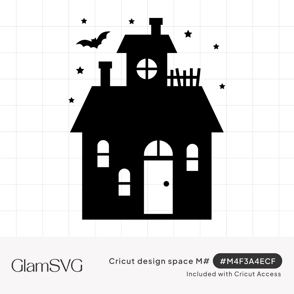 Black silhouette of a haunted house with arched windows, chimneys, rooftop fence, a flying bat and small stars