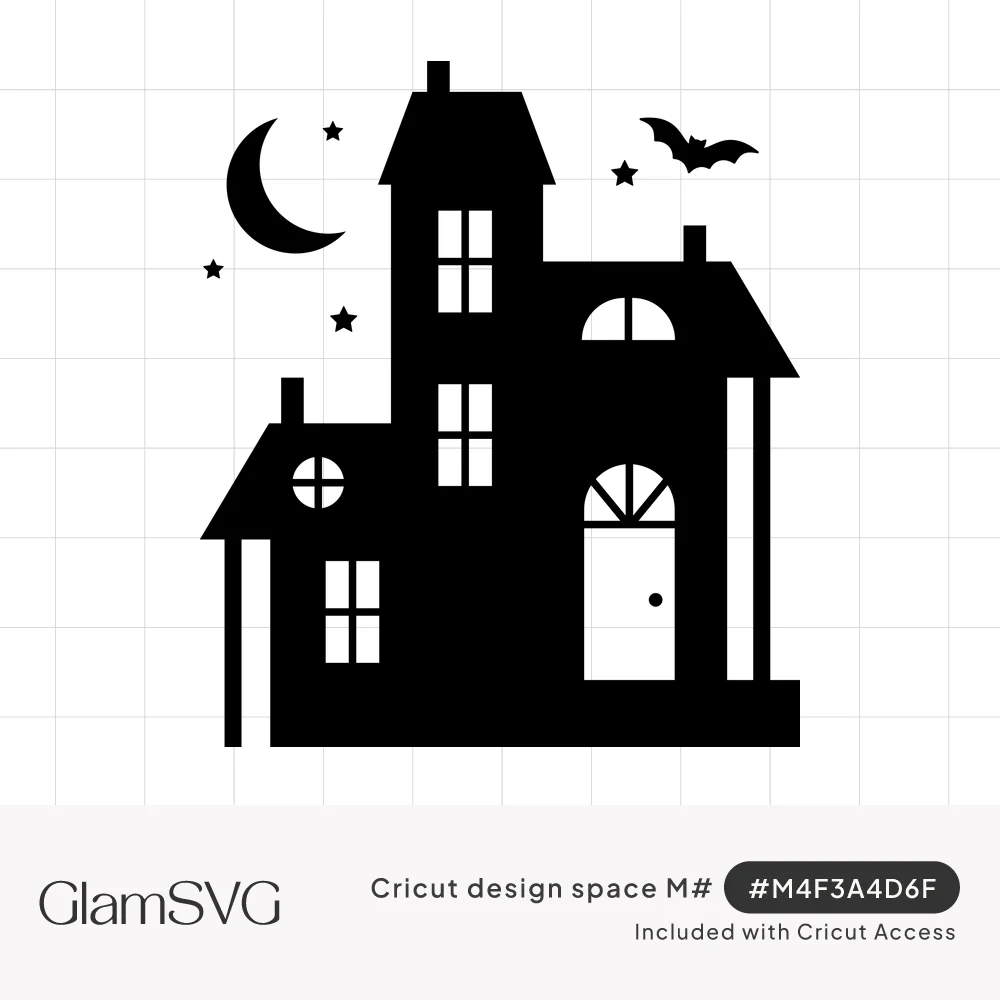 Black silhouette of a Victorian haunted house with cutout windows, a crescent moon, stars and a flying bat