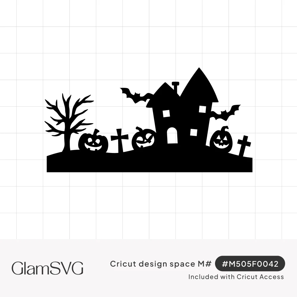 Black silhouette of a haunted house on a hill with bats, a bare tree, jack-o-lanterns and grave crosses