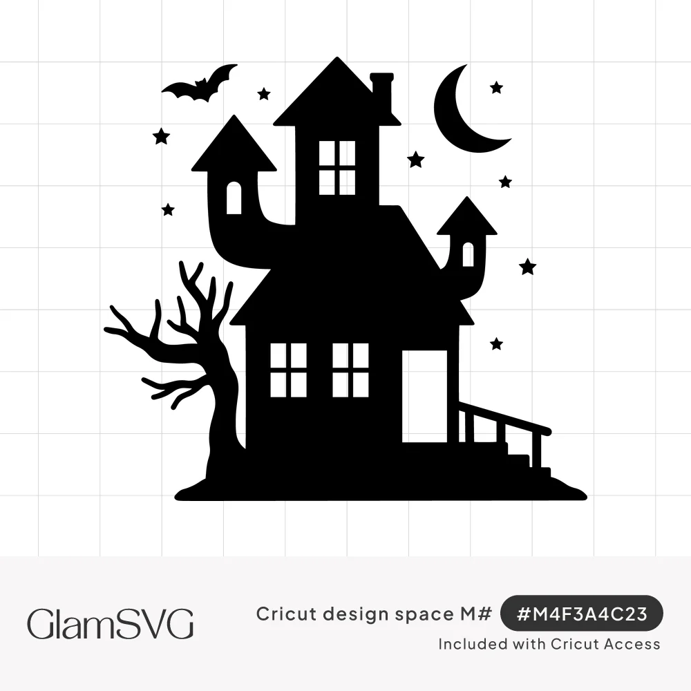 Black silhouette of a crooked haunted house with turrets, a bare tree, a flying bat, crescent moon and stars