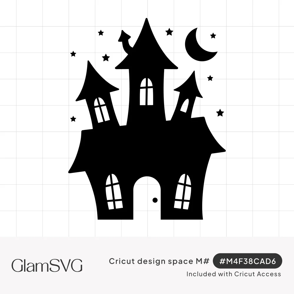 Black silhouette of a crooked haunted house with three pointed towers, arched windows, a crescent moon and small stars