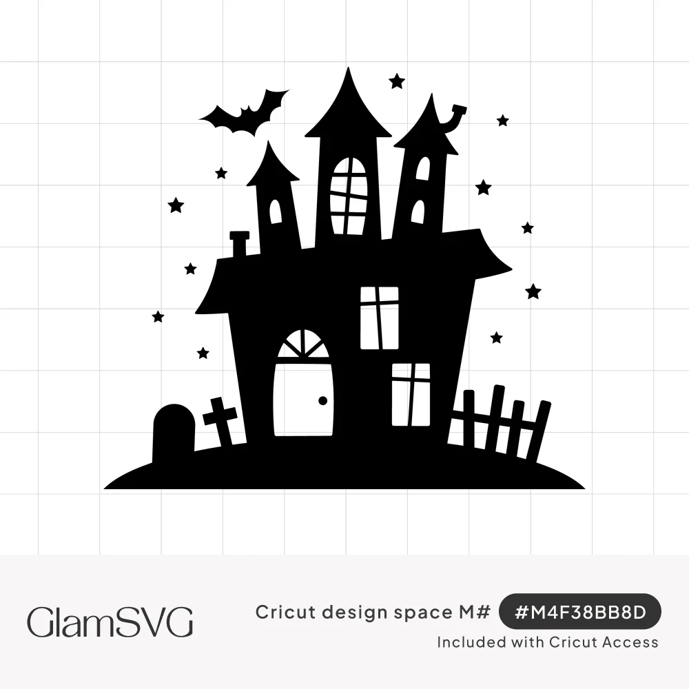 Black silhouette of a crooked haunted house on a hill with a bat, stars, tombstone, cross and broken fence