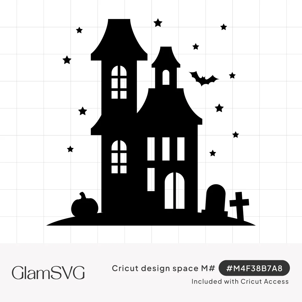Black silhouette of a haunted house with towers, stars, a flying bat, a pumpkin, a tombstone and a cross