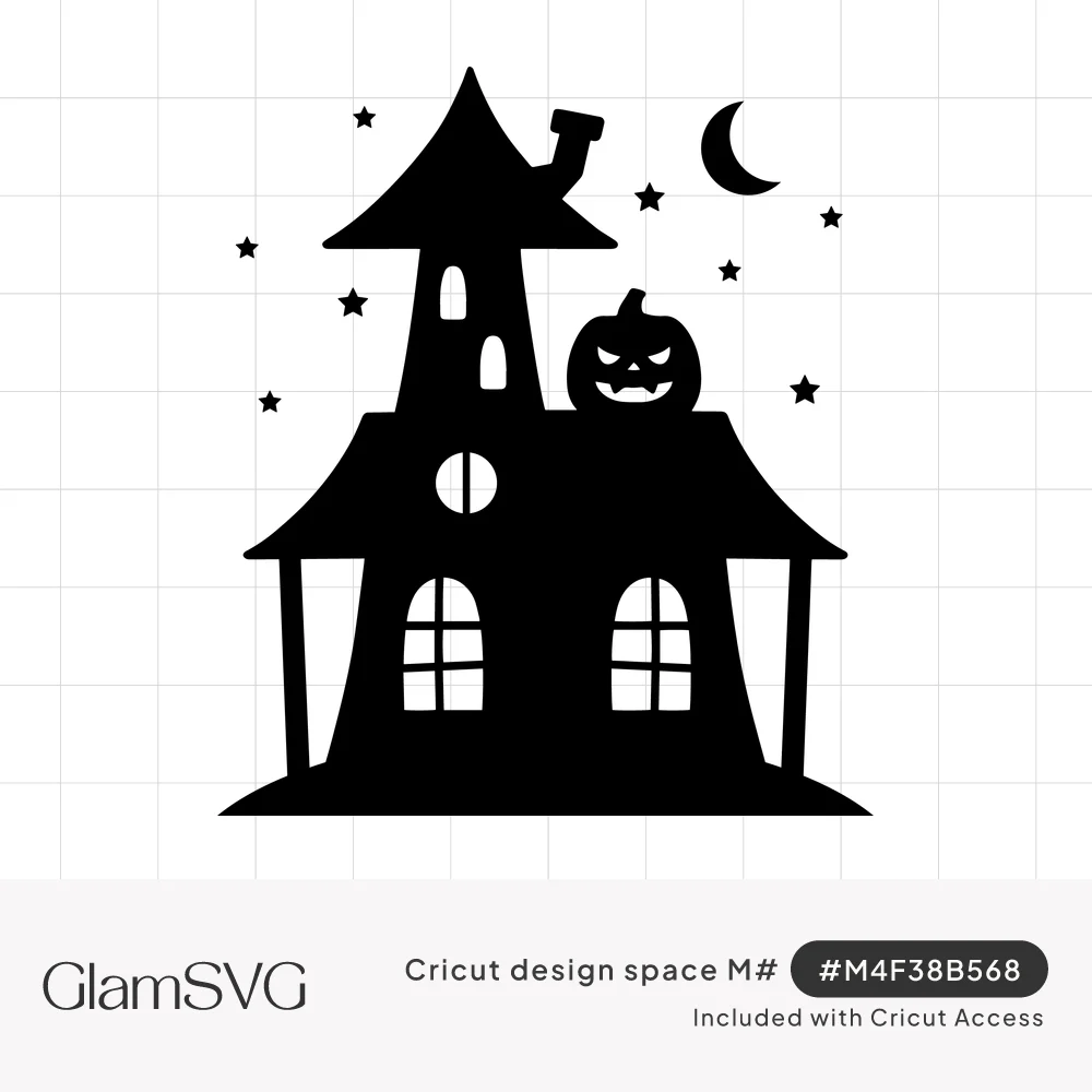 Black silhouette of a crooked haunted house with a jack-o'-lantern on the roof, crescent moon and stars