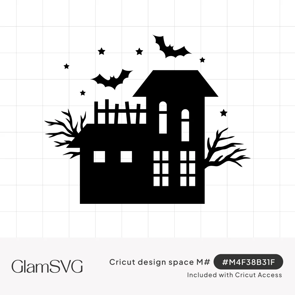 Black silhouette of a haunted house with a broken rooftop fence, bare tree branches, flying bats and small stars