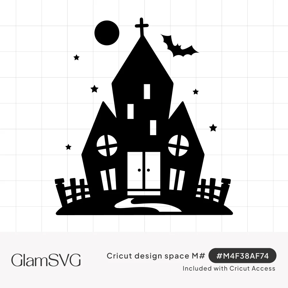Black silhouette of a haunted house with cross on top, full moon, flying bat, stars and picket fences