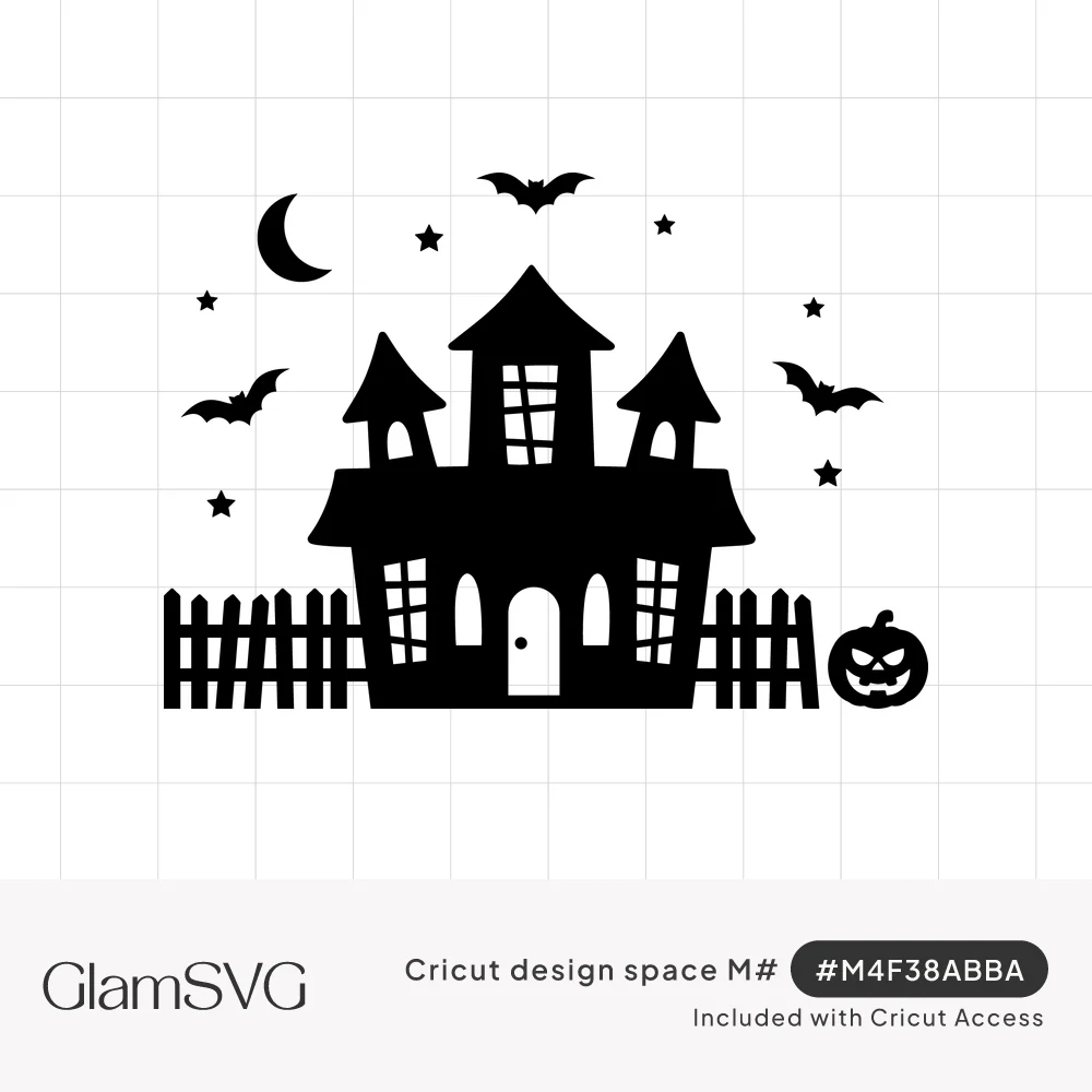 Black silhouette of a haunted house with turrets, picket fence, jack-o-lantern, flying bats, stars and a crescent moon