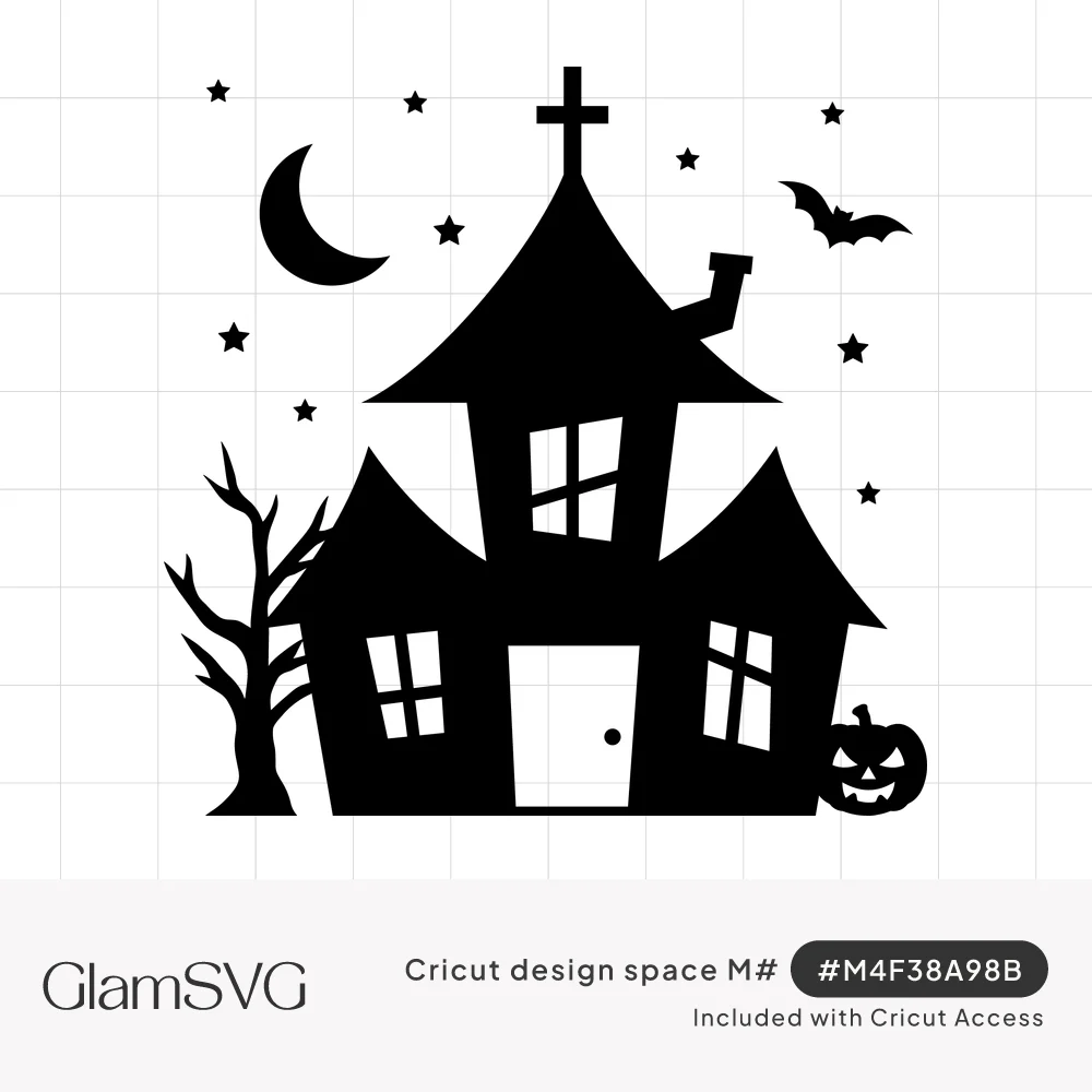 Black silhouette of a haunted house with a bare tree, jack-o'-lantern, bat, crescent moon and stars