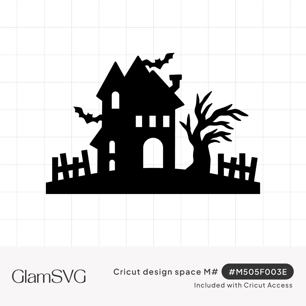 Black silhouette of a haunted house on a hill with flying bats, a bare twisted tree and broken picket fences