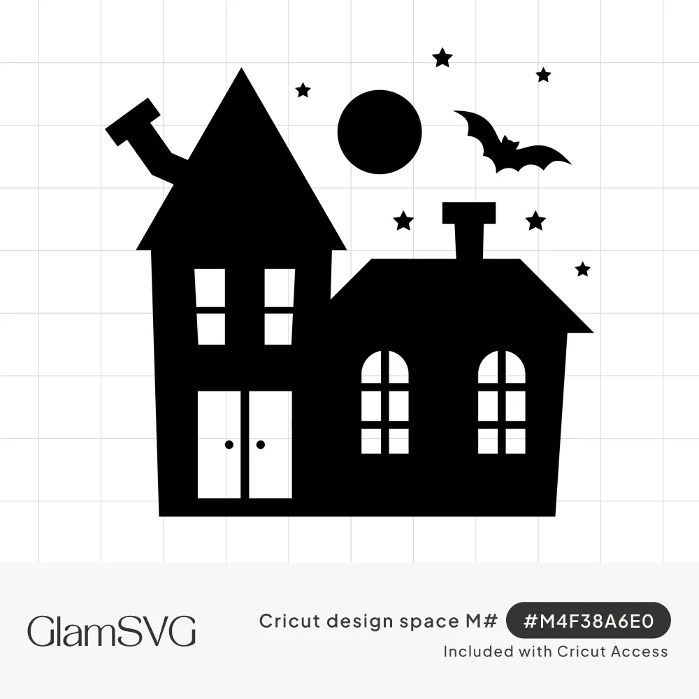 Black silhouette of a haunted house with crooked chimney, arched windows, full moon, flying bat and small stars