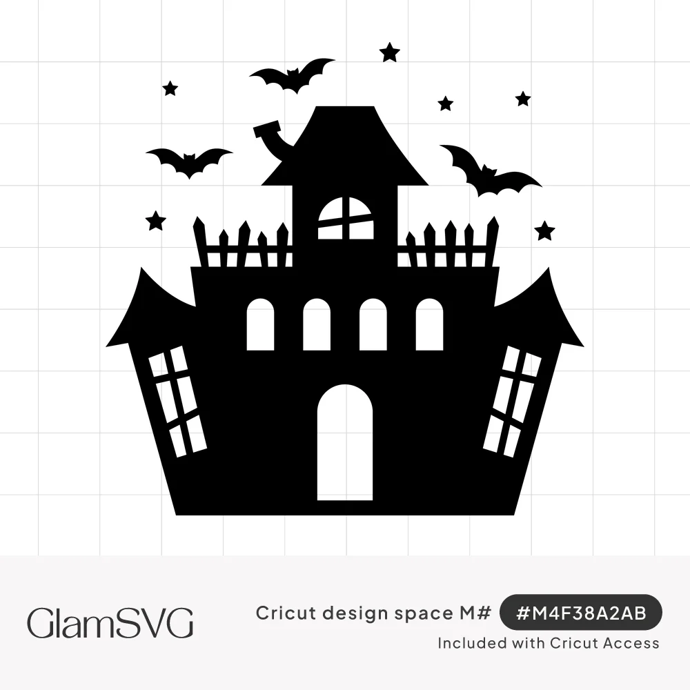 Black silhouette of a haunted house with towers, arched windows, a chimney, flying bats and small stars