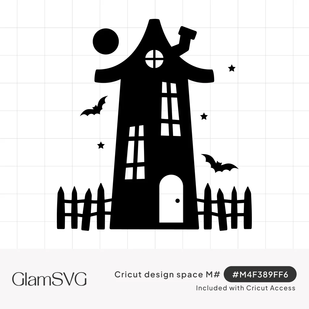 Black silhouette of a crooked haunted house with bats, stars, a full moon and a picket fence in front