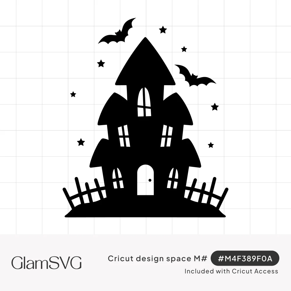 Black silhouette of a tall haunted house with arched windows, two flying bats, stars and a crooked picket fence
