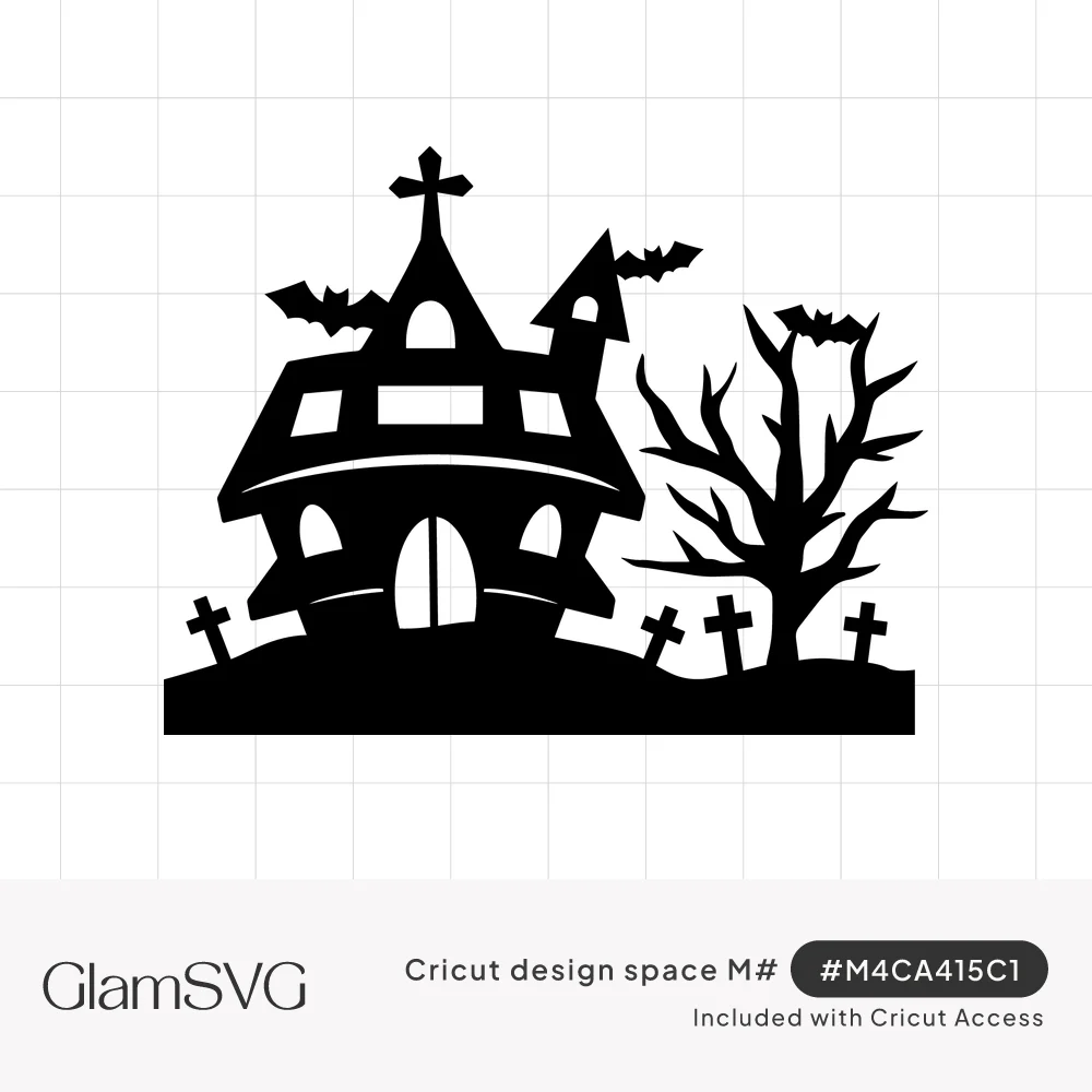 Black silhouette of a haunted house with bats, a bare twisted tree and grave crosses on a hill