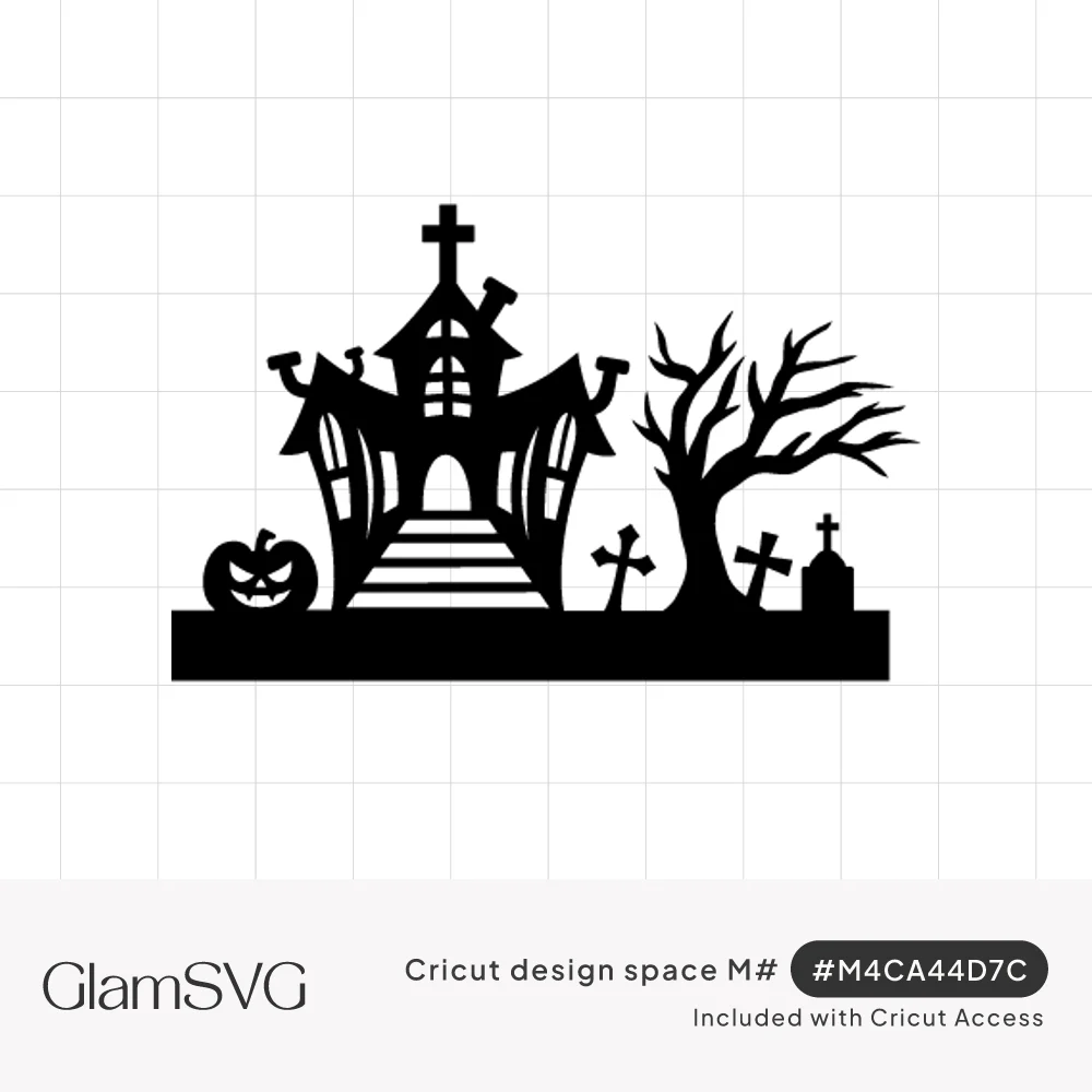 Black silhouette of a crooked haunted house beside a bare tree, graveyard crosses, a tombstone and a jack-o'-lantern