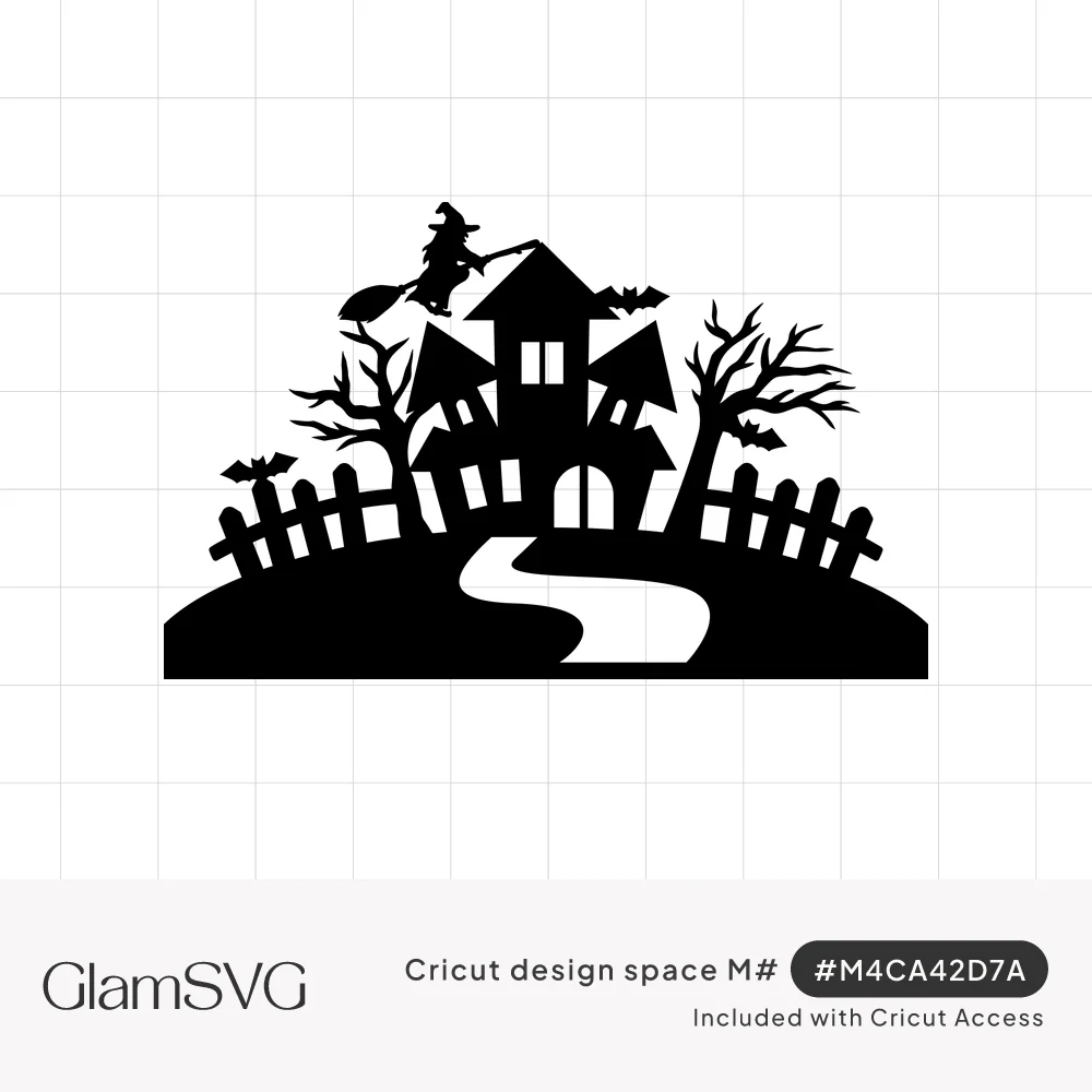Black silhouette of a haunted house on a hill with a witch on a broom, bats, bare trees, a fence and a winding path