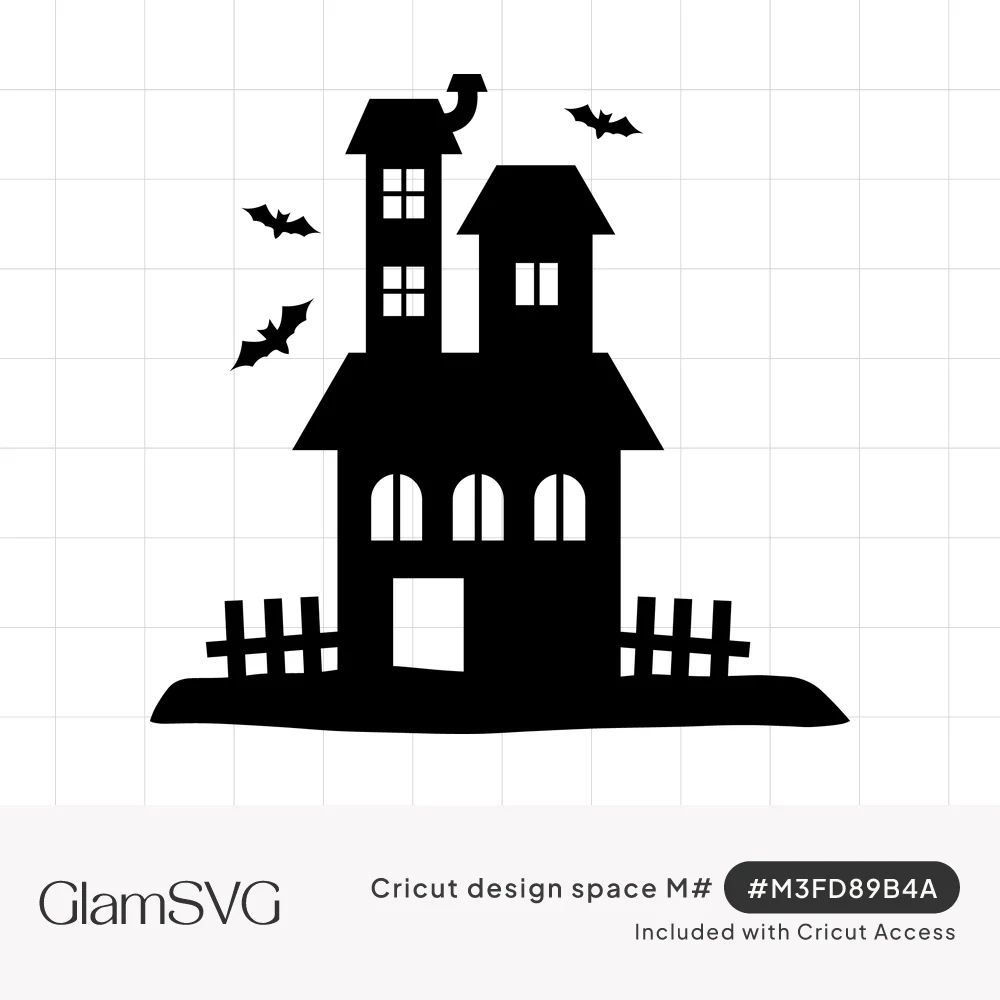 Black silhouette of a haunted house with two towers, arched windows, picket fences and three flying bats