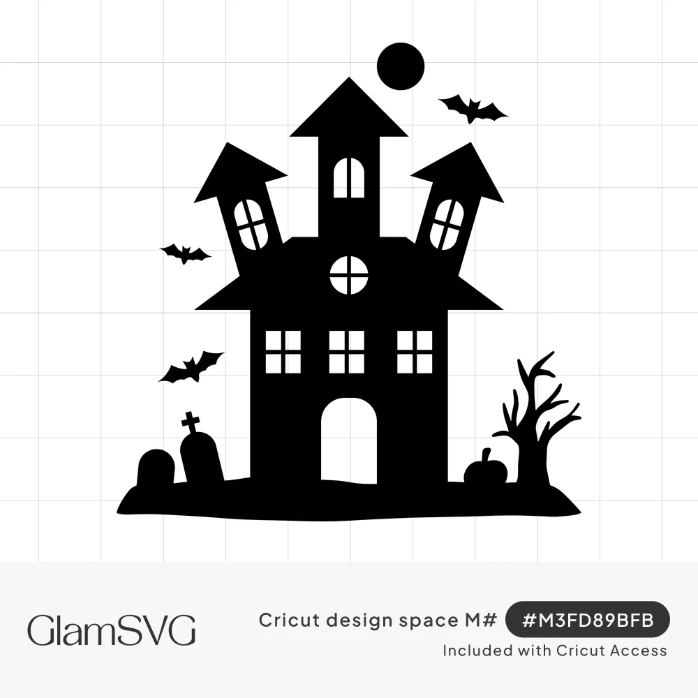 Black silhouette of a haunted house with three towers, full moon, flying bats, tombstones, a pumpkin and a bare tree