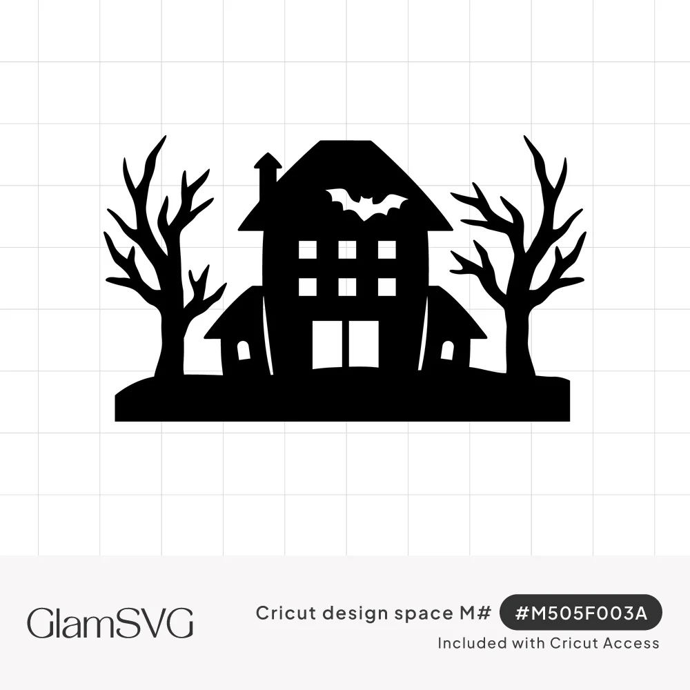 Black silhouette of a haunted house with a bat in the gable, flanked by two bare spooky trees on a hill