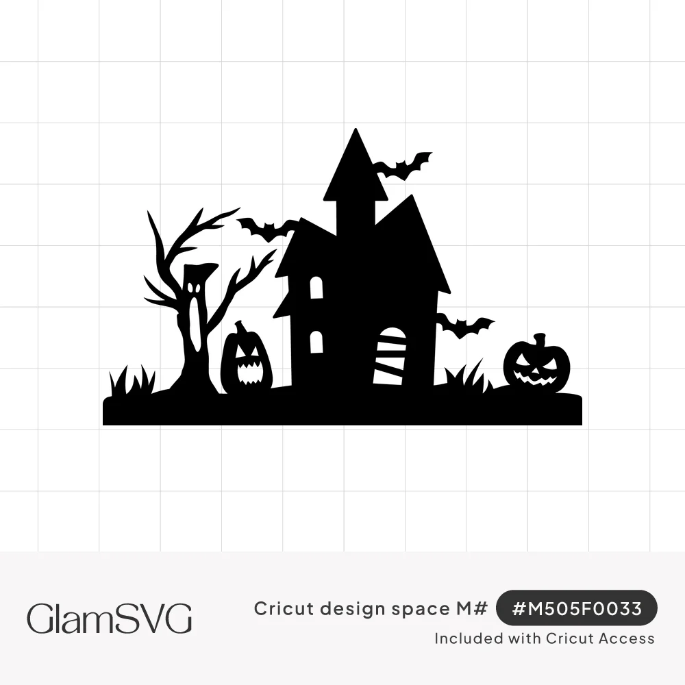 Black silhouette of a haunted house with flying bats, a bare twisted tree and two jack-o'-lanterns in the grass