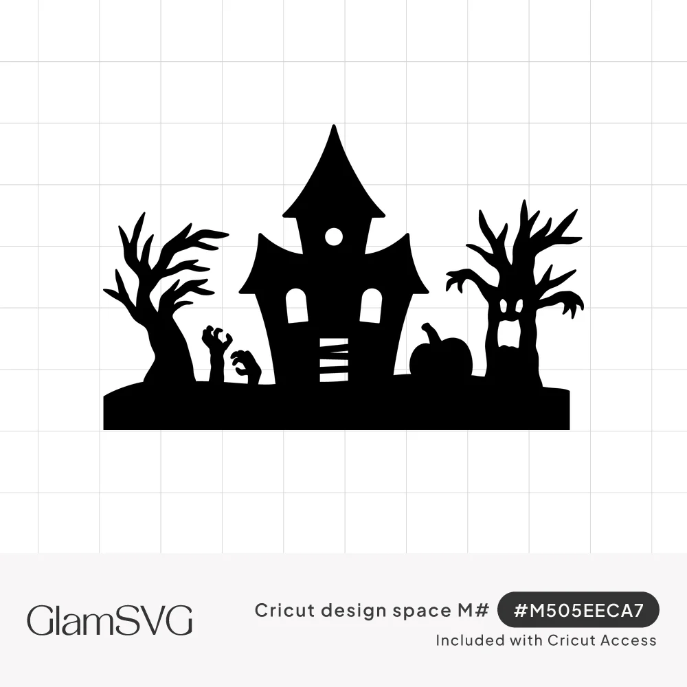 Black silhouette of a haunted house with twisted trees, a spooky tree face, zombie hands and a pumpkin