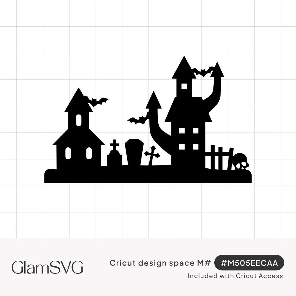 Black silhouette of a crooked haunted house and chapel with tombstones, crosses, a fence, a skull and flying bats