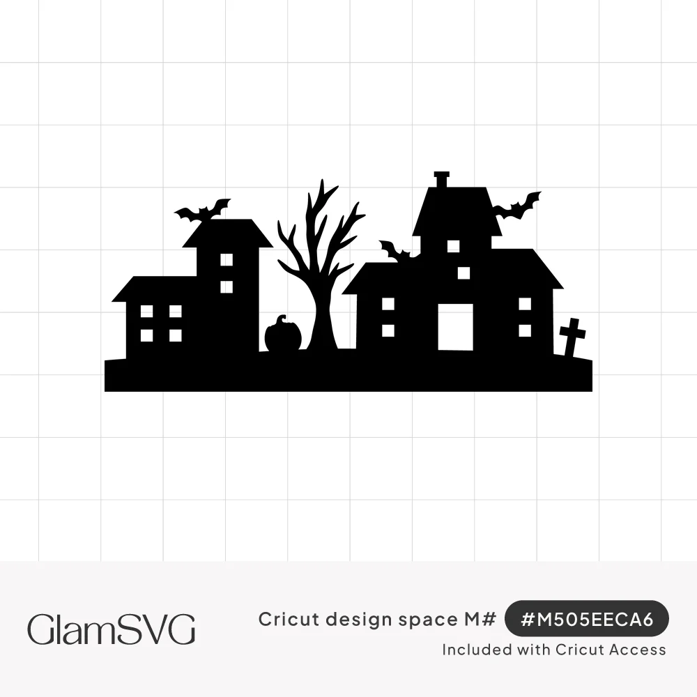 Black silhouette of two haunted houses with bats, a bare tree, a small pumpkin and a grave cross on a ground line