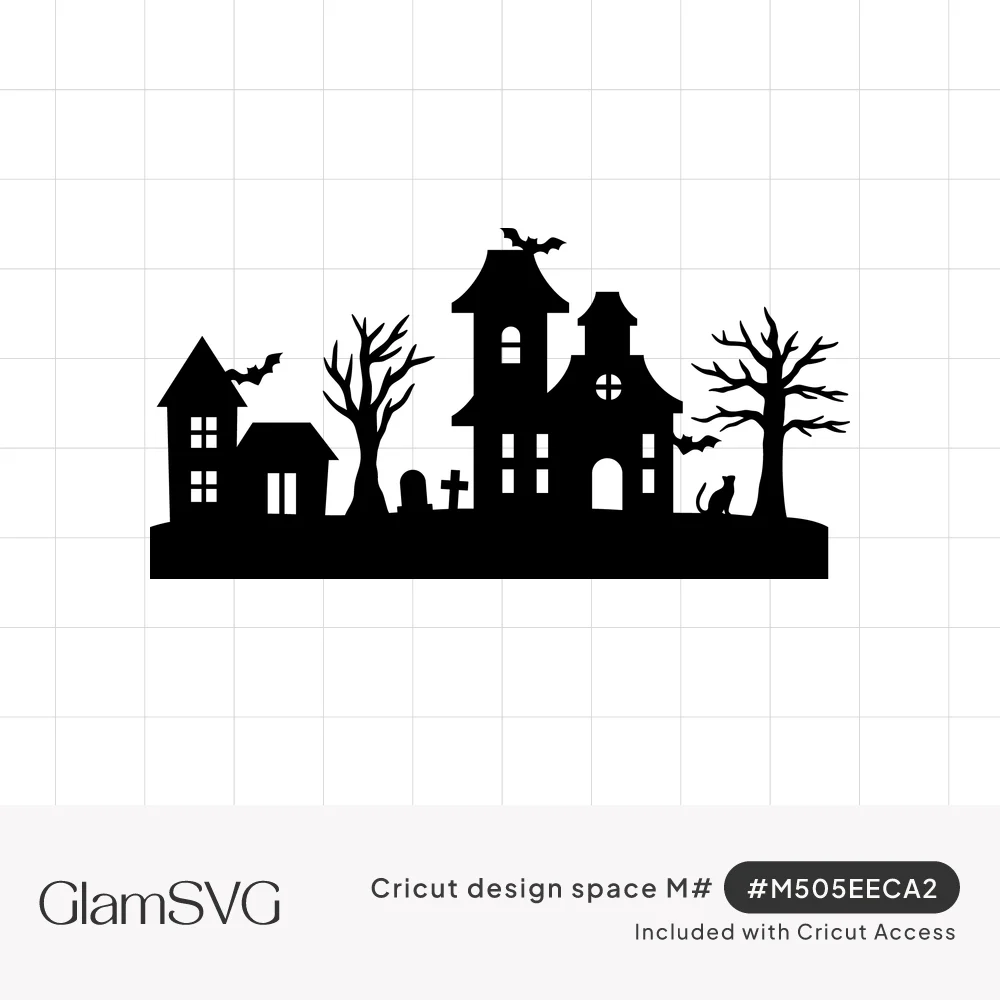 Black silhouette of haunted houses with bare trees, flying bats, a tombstone, a cross and a sitting black cat