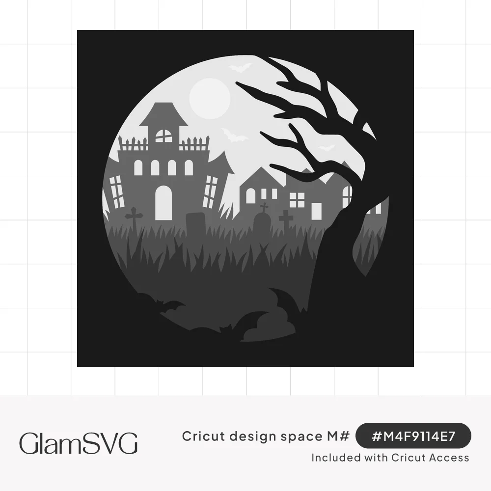 Layered circular Halloween scene with haunted houses, graveyard crosses, bare twisted tree, full moon and flying bats