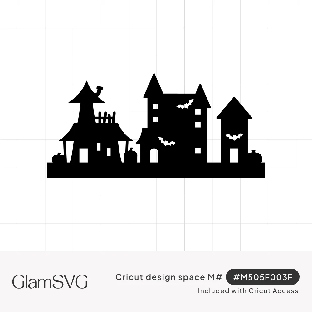 Black silhouette of three haunted houses with crooked roofs, towers, bats in the windows and pumpkins along the ground