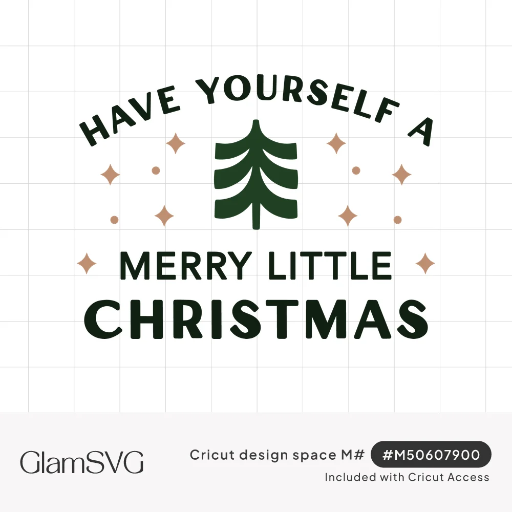 Green Christmas tree with arched text Have Yourself a Merry Little Christmas and tan sparkles and dots around it