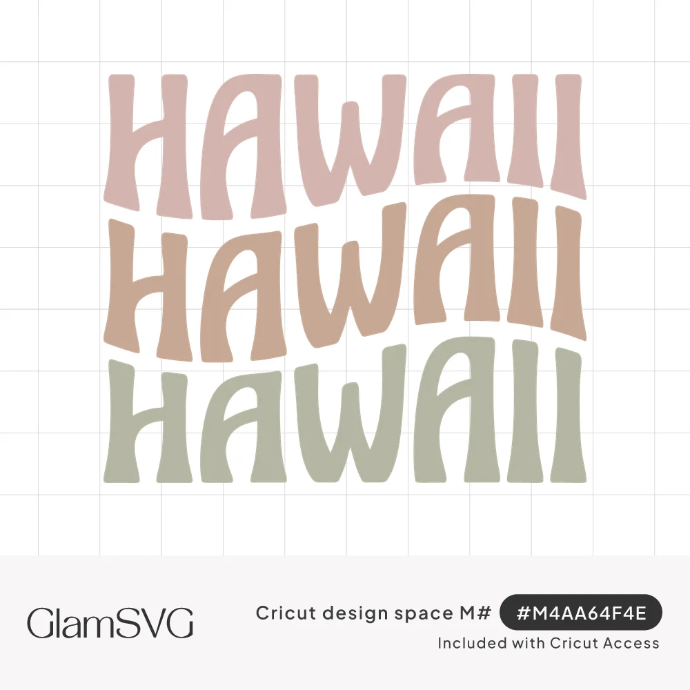 The word Hawaii repeated three times in wavy groovy letters in dusty pink, peach and sage green
