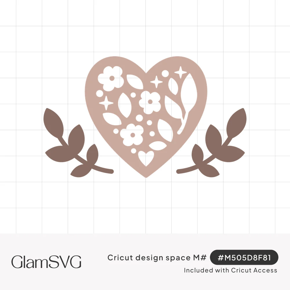Blush pink heart with cutout flowers, leaves and sparkles, flanked by two brown leafy branches