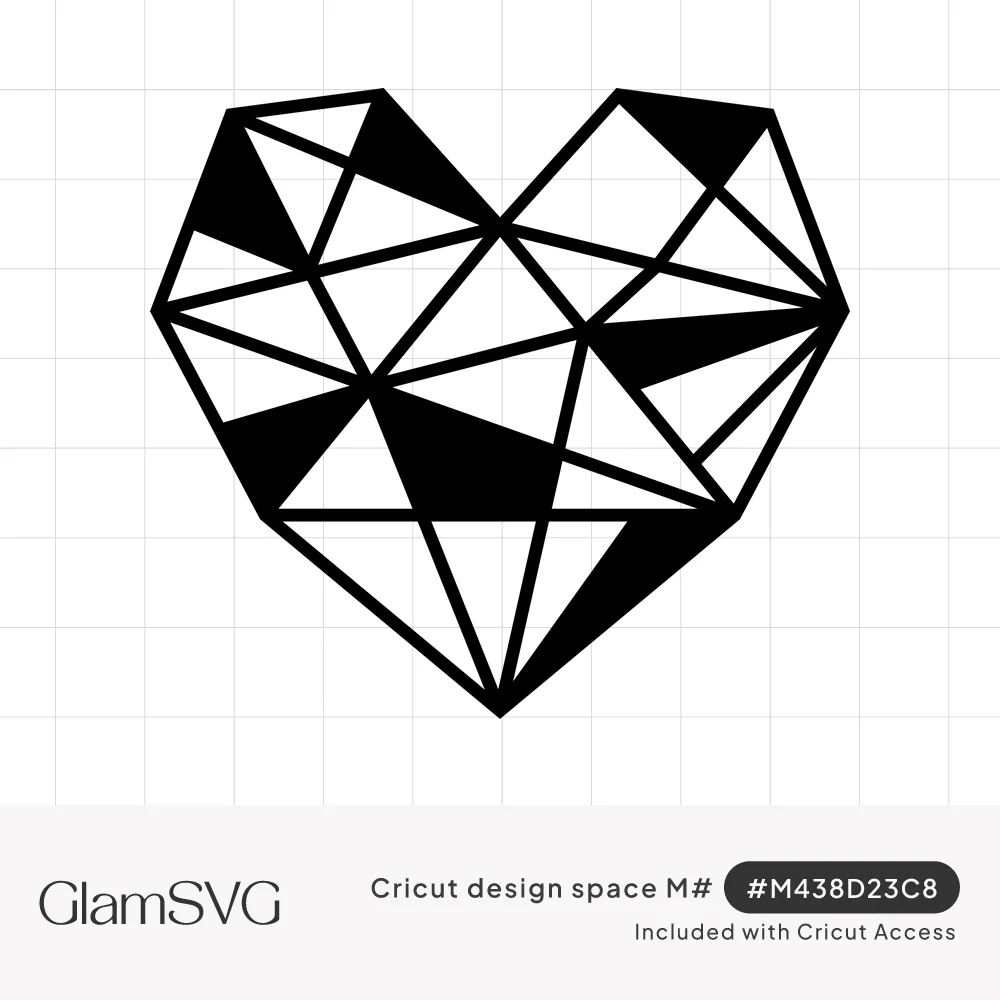 Black outlined heart filled with geometric triangles, some solid black and some open, in a faceted gem style