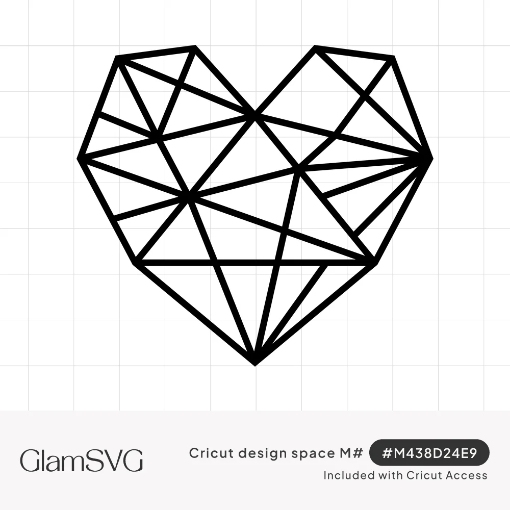 Black line art heart made of angular triangular facets in a geometric low-poly style