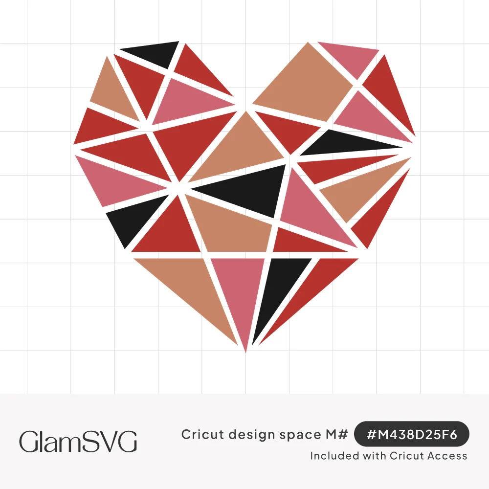 Geometric heart made of red, pink, terracotta and black triangles separated by thin white lines