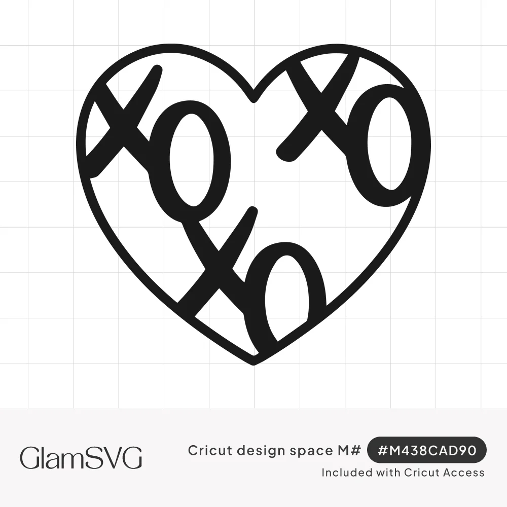 Black heart outline filled with hand-drawn XOXO letters scattered across the inside