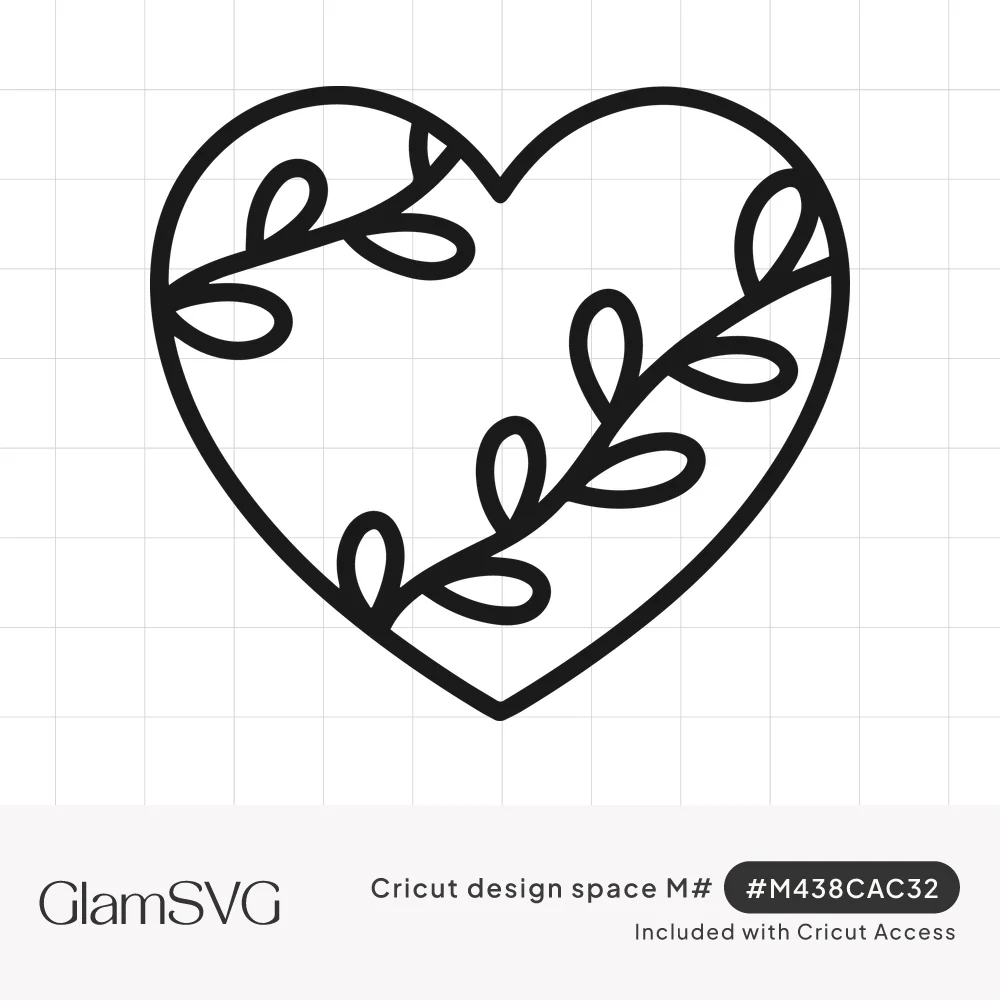 Black outline of a heart with two diagonal leafy vines with open loop leaves running across it