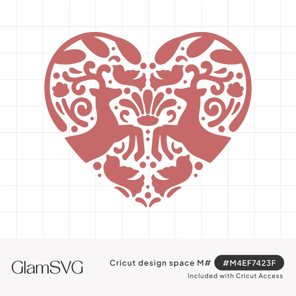 Rose-colored heart with papercut folk art of two facing deer, small birds, swirls and flowers