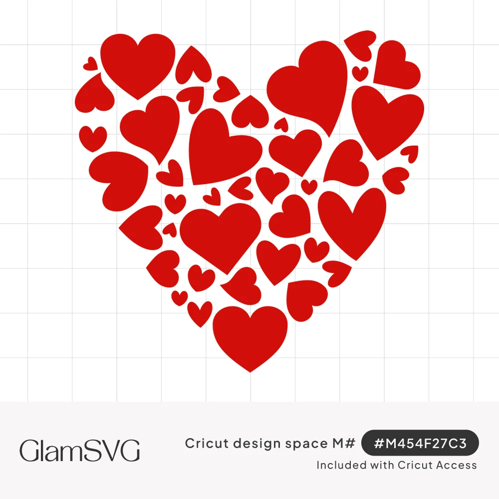 Large red heart shape filled with many smaller red hearts of different sizes scattered at playful angles