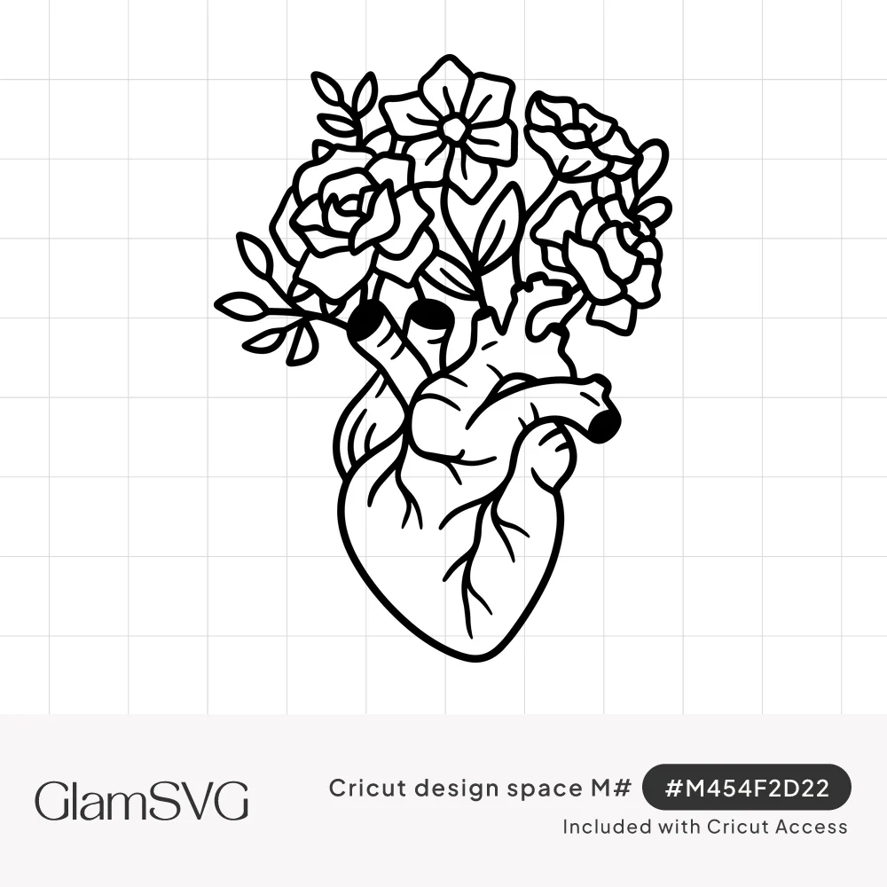 Black line art of an anatomical human heart with roses, flowers and leaves growing from its arteries