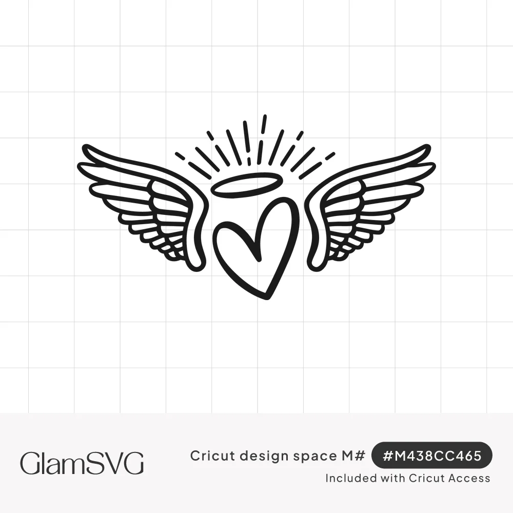 Black hand-drawn heart with a halo, feathered angel wings and short sunburst rays radiating above