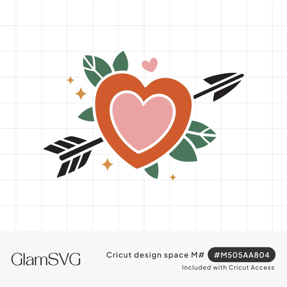 Orange and pink layered heart pierced by a black arrow, surrounded by green leaves, gold sparkles and a small pink heart