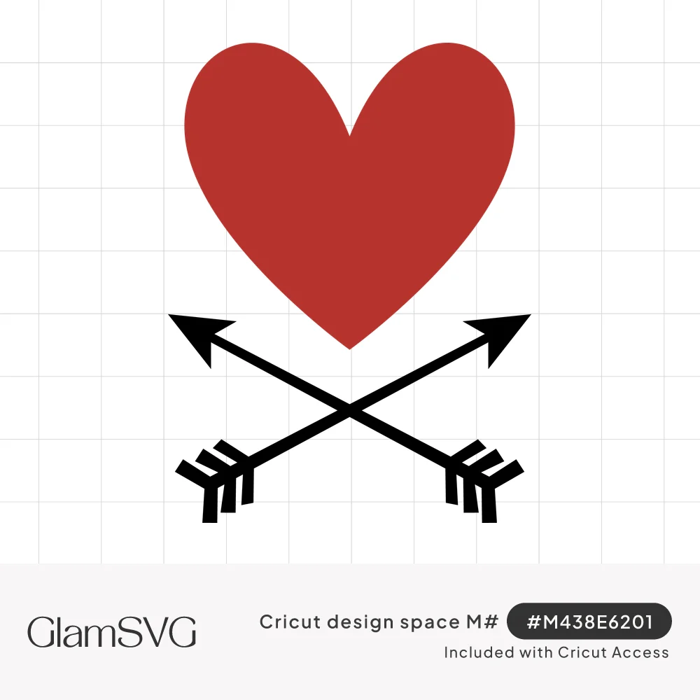 Red heart above two crossed black arrows with feathered fletching on a white background