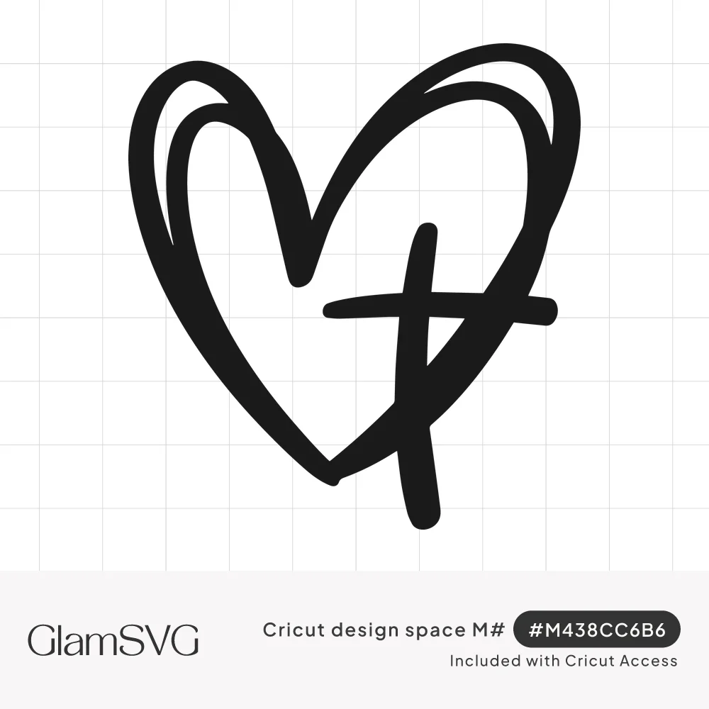 Black hand-drawn sketchy outline heart with a simple cross overlapping its lower right side