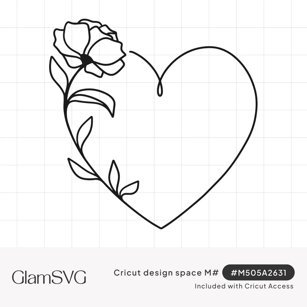 Black line art heart outline with a loop at the top and an open flower with leaves growing up the left side
