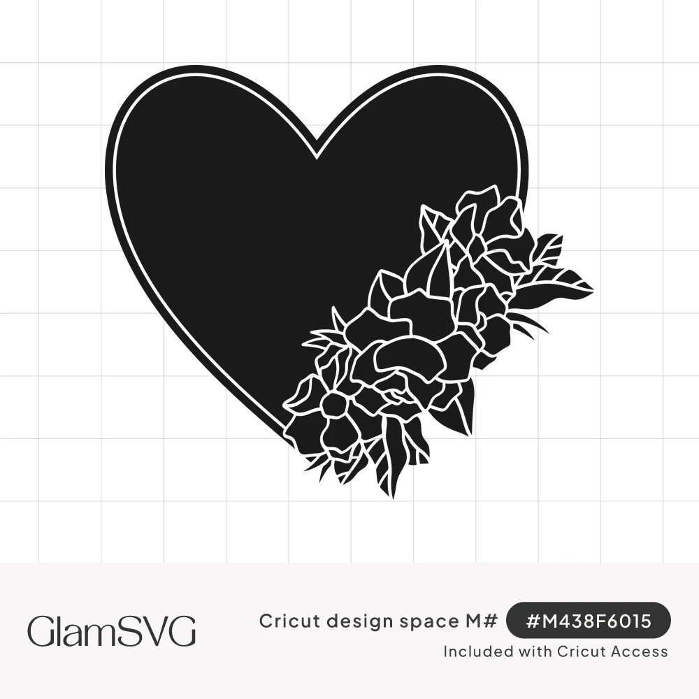 Solid black heart with a thin white inner outline and a cluster of line-drawn roses and leaves at the lower right