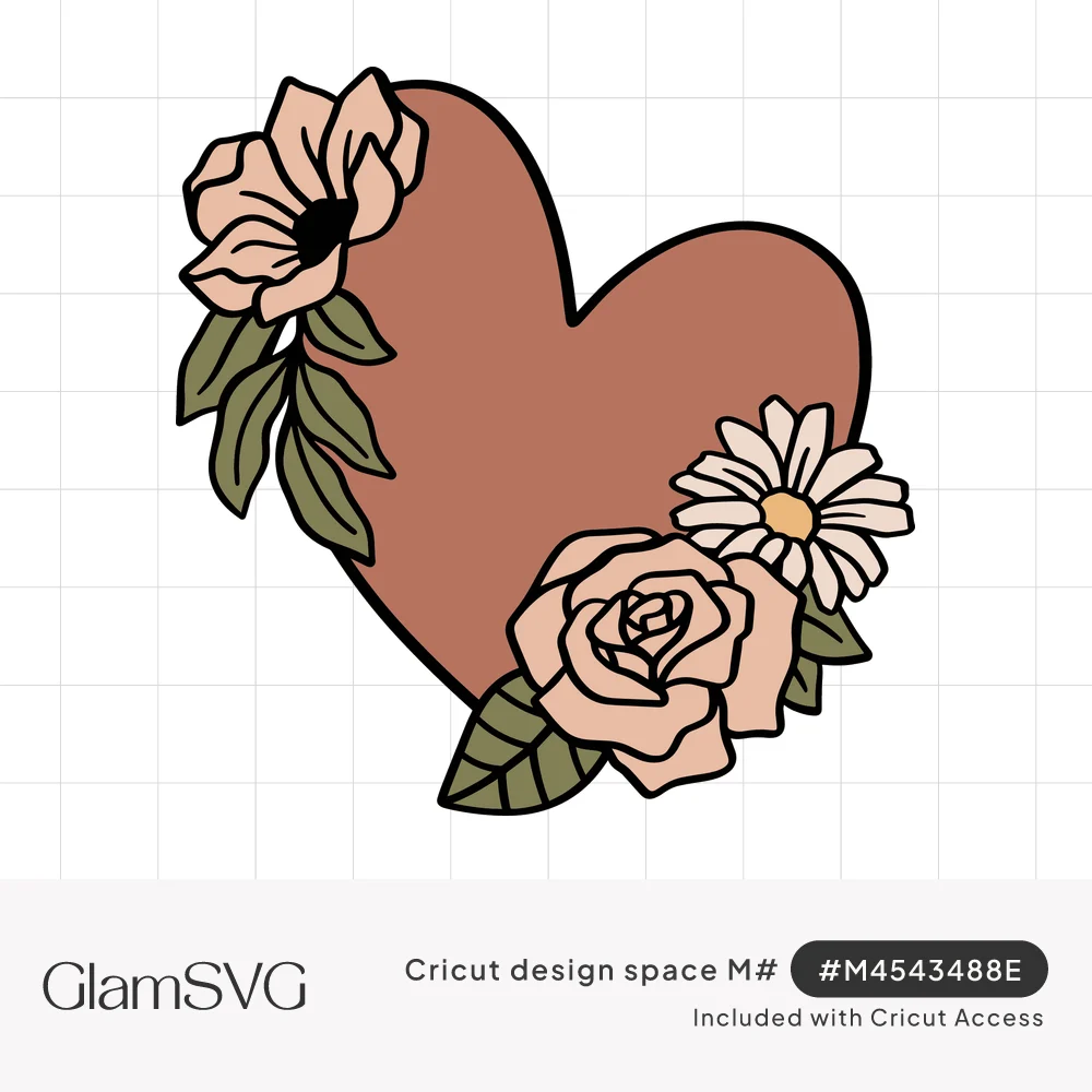 Terracotta heart with a pink magnolia, blush rose, white daisy and green leaves outlined in black