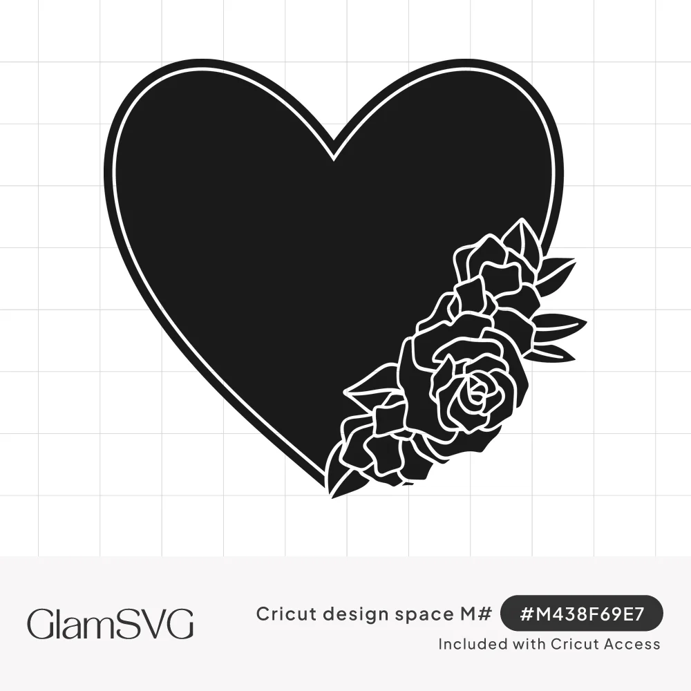 Solid black heart with a thin inner outline and a cluster of roses and leaves at the lower right edge
