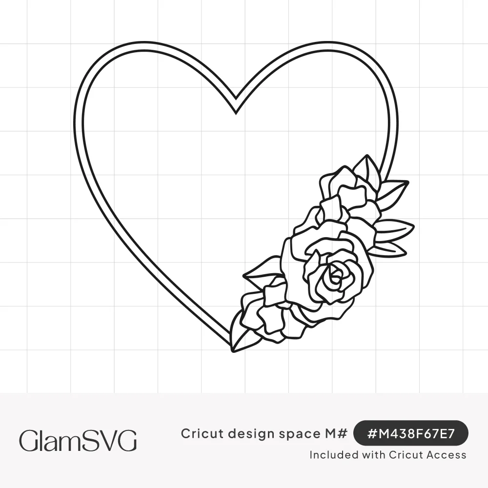 Line art of a double-outlined heart frame with a cluster of roses and leaves on the lower right side